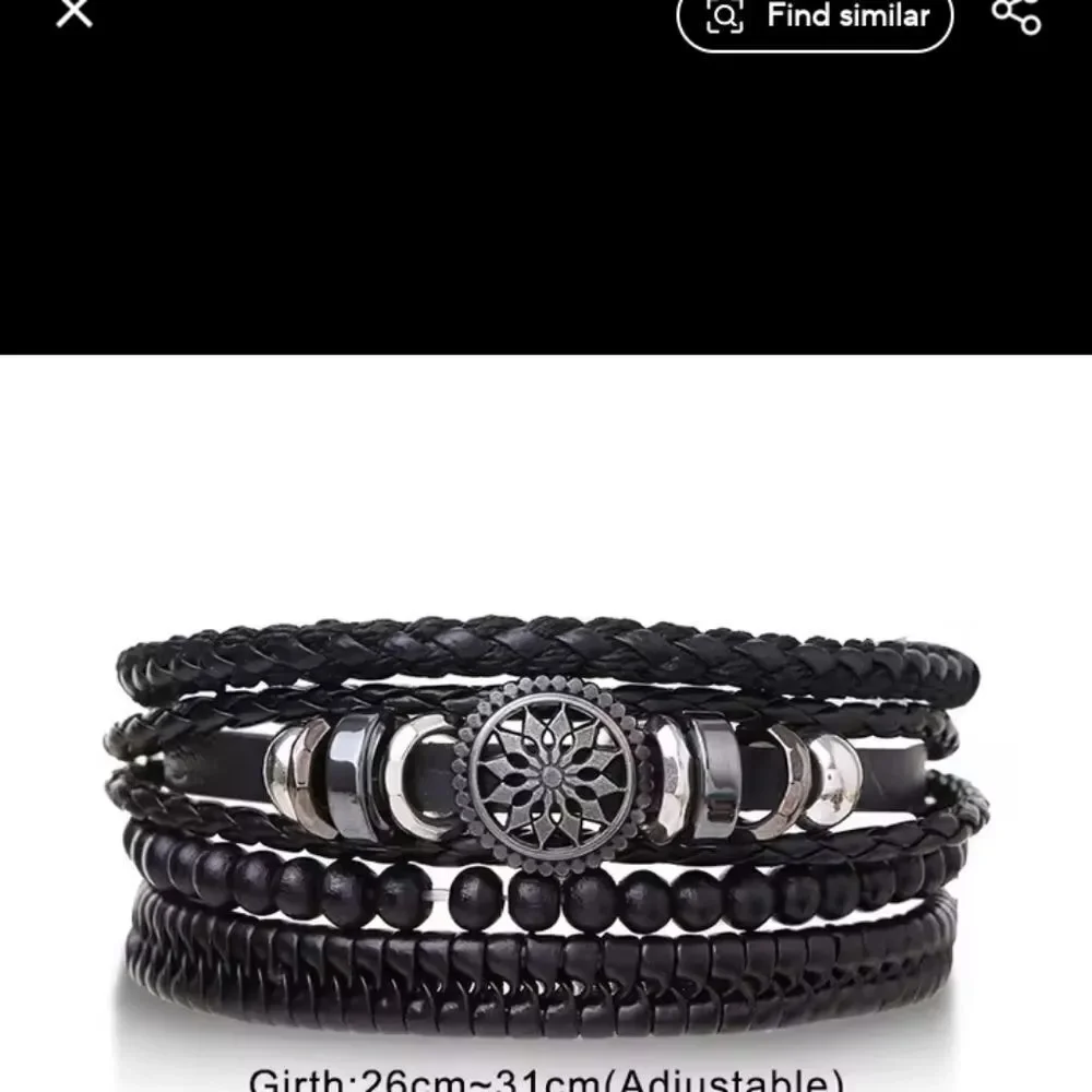 Men's Leather Bracelet Set 4pc Layered Braided Beaded Black New F9‎